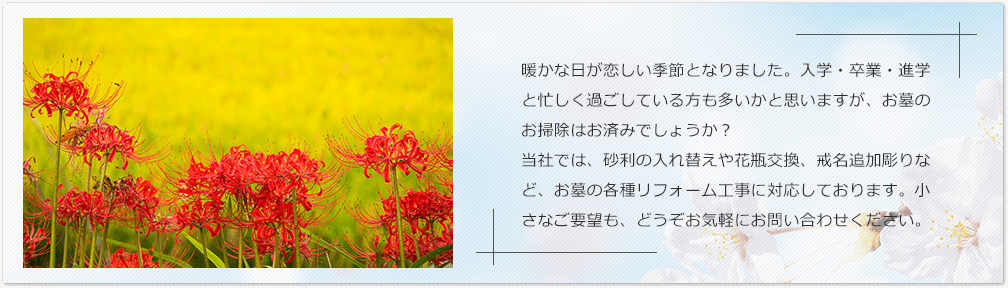 暖かな日が恋しい季節となりました。入学・卒業・進学と忙しく過ごしている方も多いかと思いますが、お墓のお掃除はお済みでしょうか？当社では、砂利の入れ替えや花瓶交換、戒名追加彫りなど、お墓の各種リフォーム工事に対応しております。小さなご要望も、どうぞお気軽にお問い合わせください。